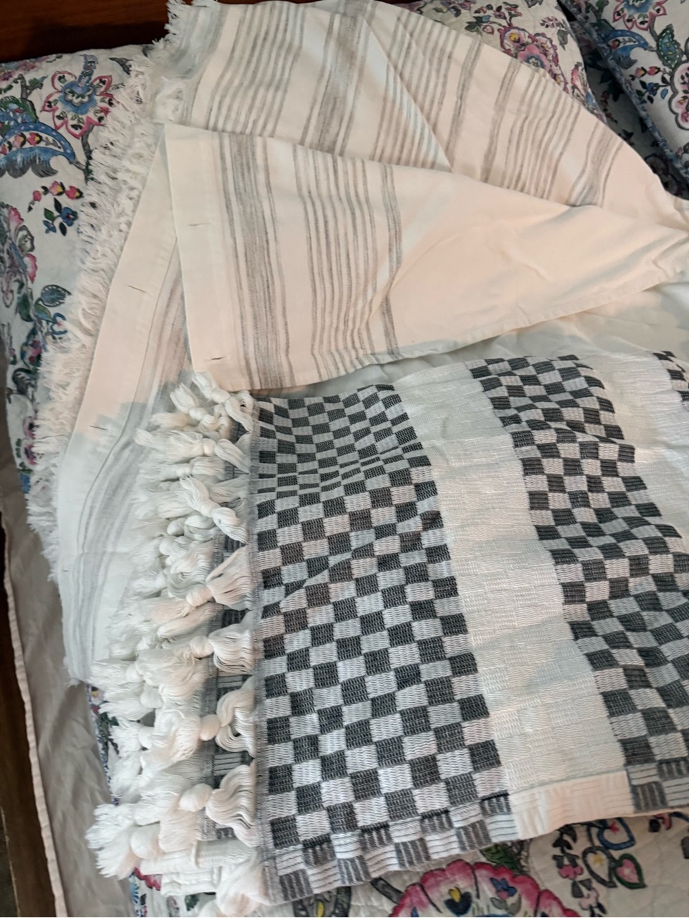 Neutral Checkered and Striped Decorative shower curtains. (2)